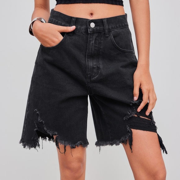 Princess Polly Black Jean Shorts Distressed Frayed Hem - Picture 1 of 9